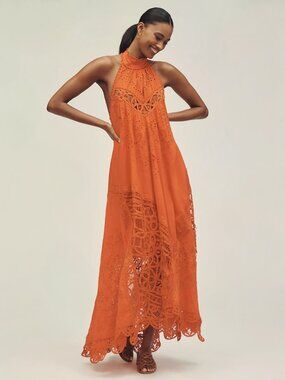ANTHROPOLOGIE | Cotton Halter Cutwork Lace Maxi Dress | NWT